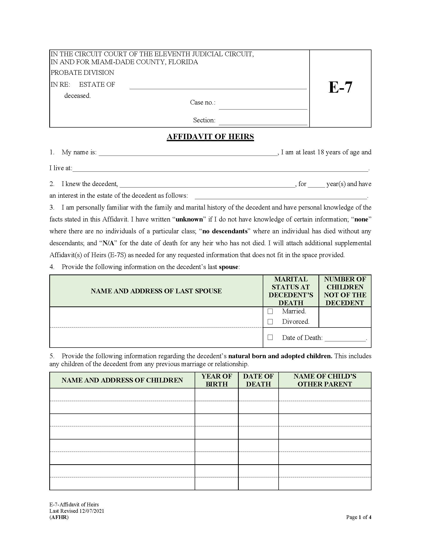 Affidavit Of Heirs {E-7} | Pdf Fpdf Docx | Florida