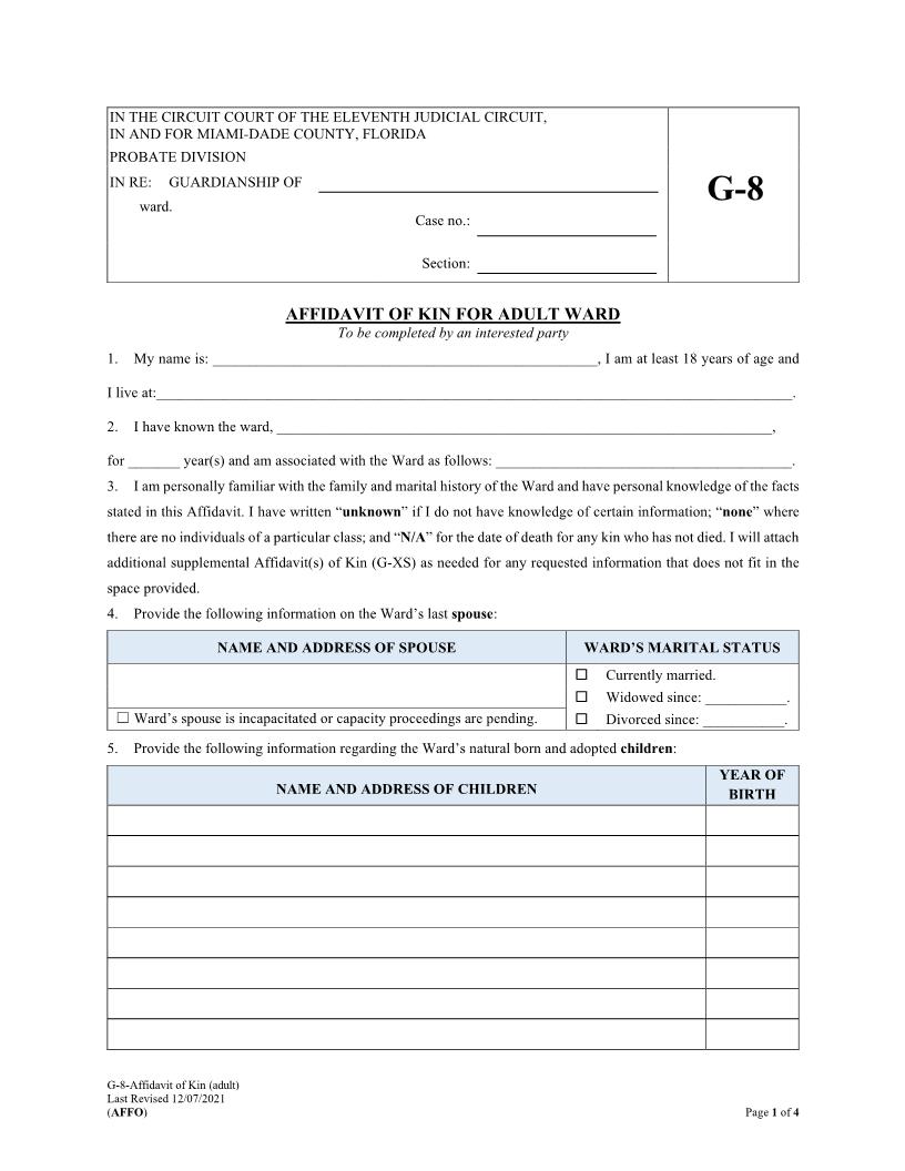 Affidavit Of Kin For Adult Ward {G-8} | Pdf Fpdf Docx | Florida