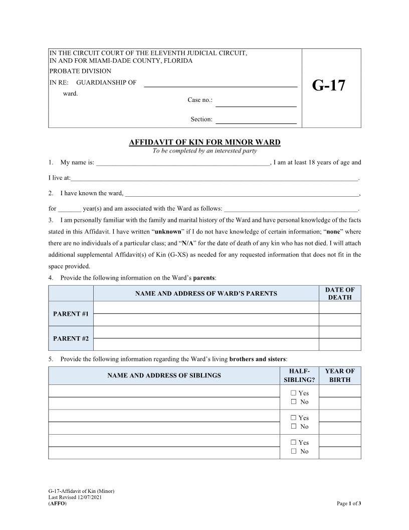 Affidavit Of Kin For Minor Ward {G-17} | Pdf Fpdf Docx | Florida