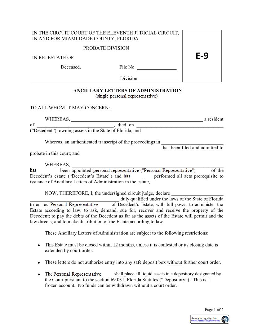 Ancillary Letters Of Administration {E9} | Pdf Fpdf Docx | Florida