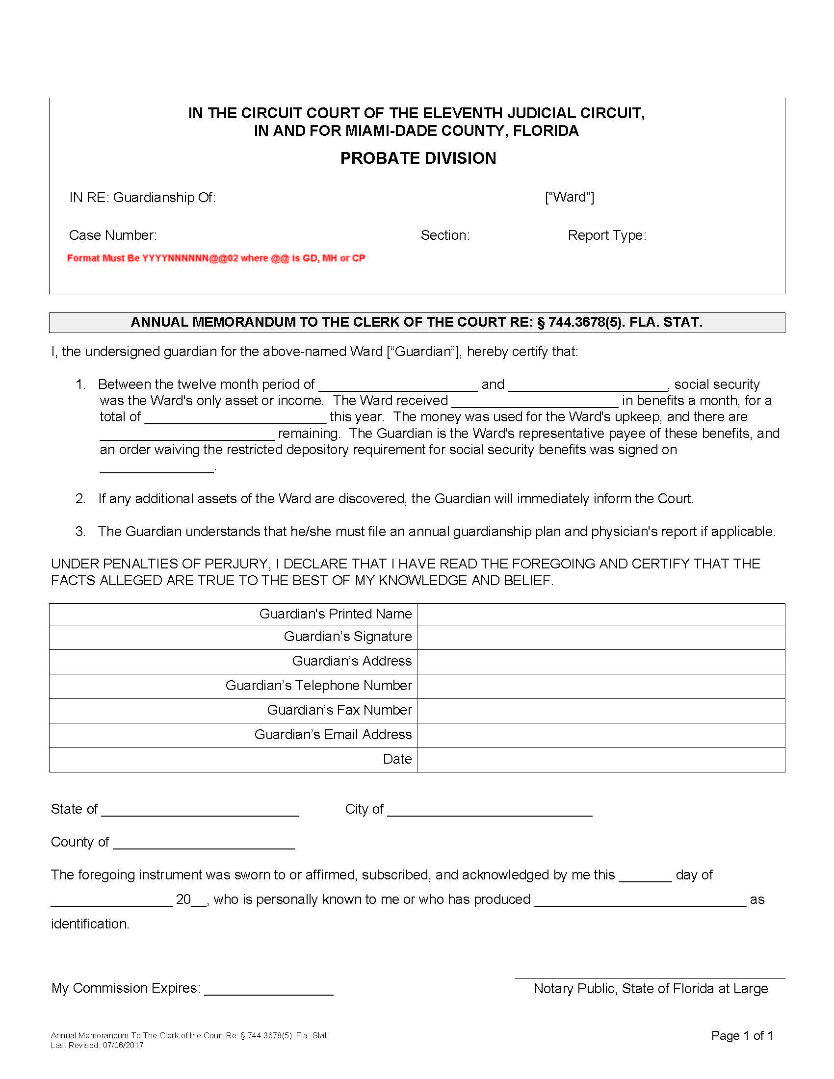 Annual Memorandum To The Clerk of the Court {M-D_AMCC} | Pdf Fpdf Docx | Florida