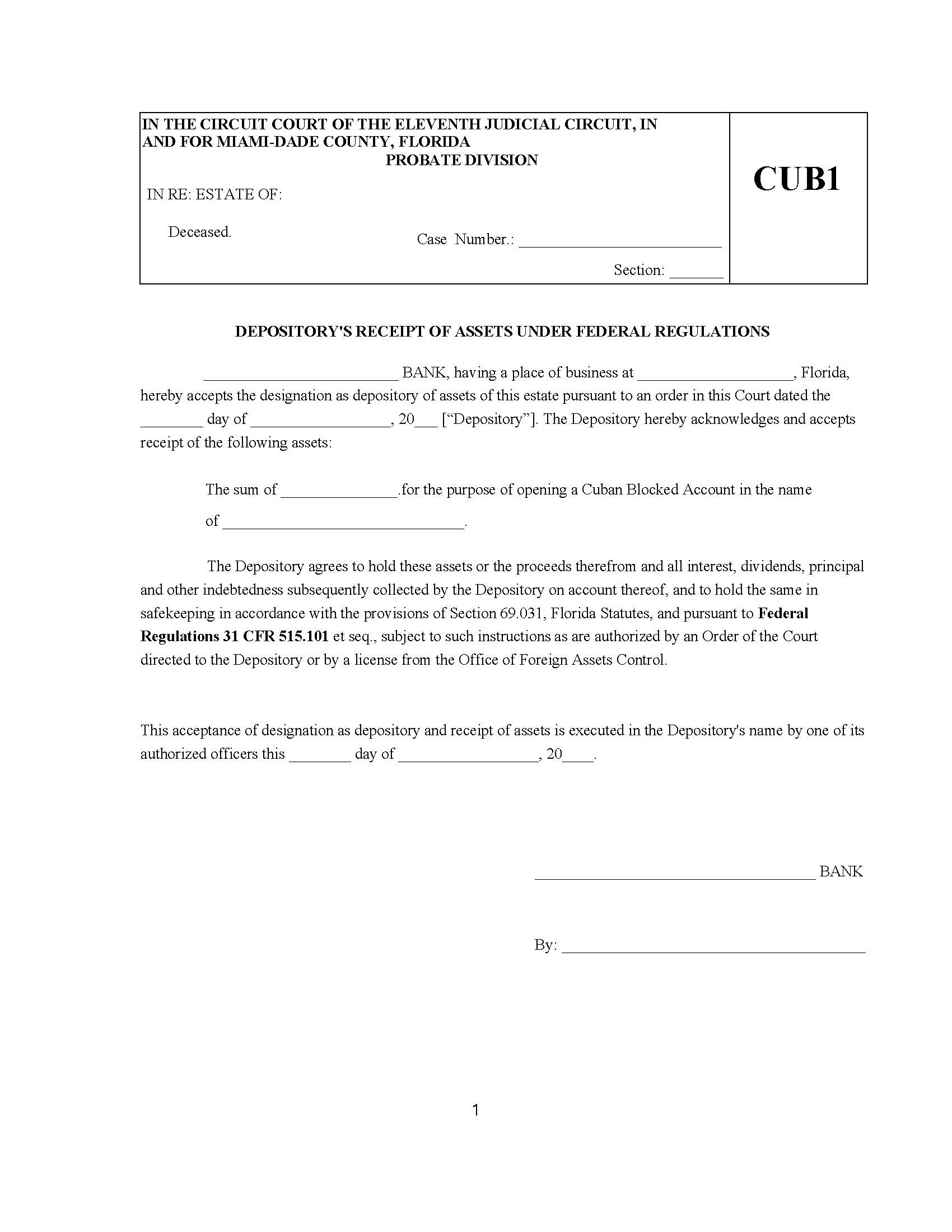 Depositorys Receipt Of Assets Under Federal Regulations {CUB1} | Pdf Fpdf Docx | Florida