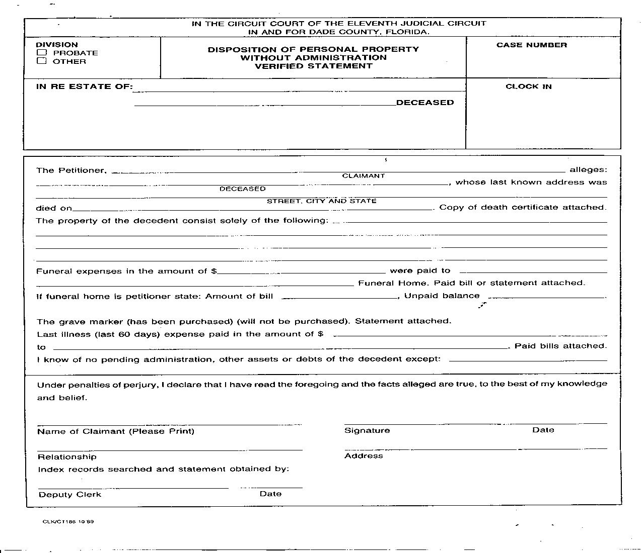 Disposition Personal Property Without Admin {186} | Pdf Fpdf Doc Docx | Florida