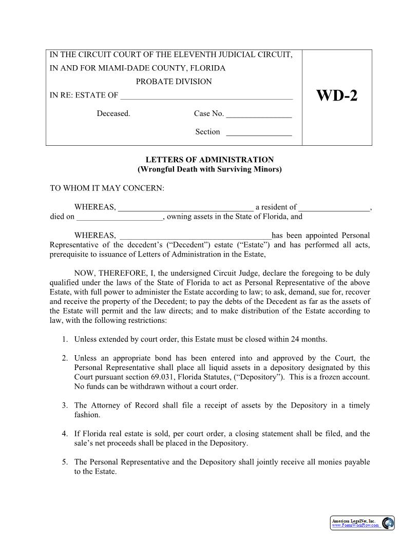 Letters Of Administration (Wrongful Death With Surviving Minors) {WD2} | Pdf Fpdf Docx | Florida