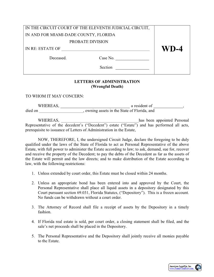Letters Of Administration (Wrongful Death) {WD4} | Pdf Fpdf Docx | Florida