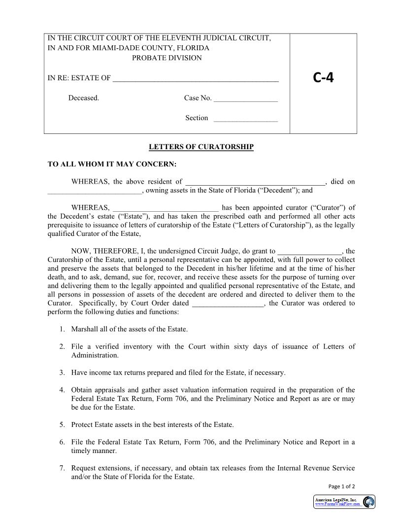 Letters Of Curatorship {C4} | Pdf Fpdf Docx | Florida