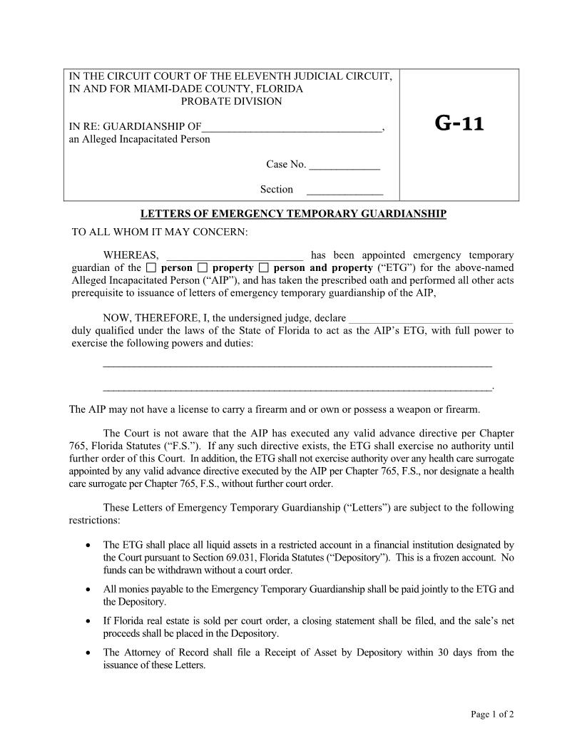 Letters Of Emergency Temporary Guardiandhip {G-11} | Pdf Fpdf Docx | Florida