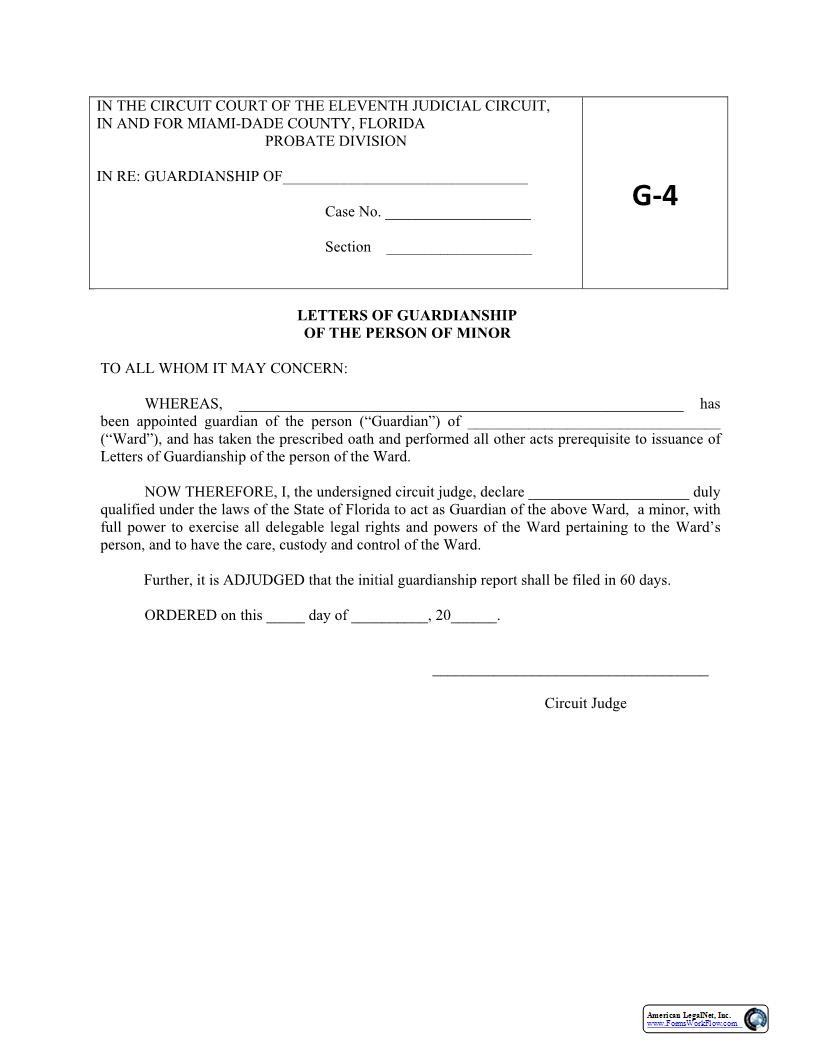 Letters Of Guardianship Of Person Of Minor {G4} | Pdf Fpdf Docx | Florida