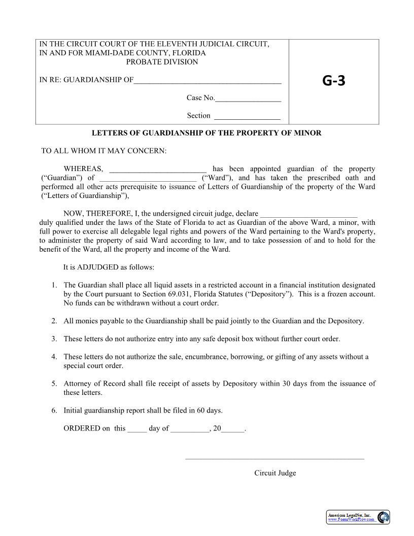 Letters Of Guardianship Of Property Of Minor {G3} | Pdf Fpdf Docx | Florida