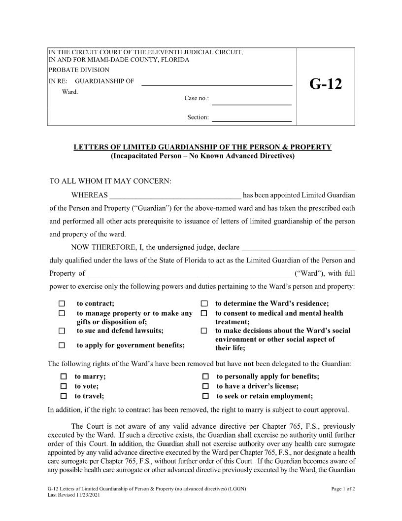 Letters Of Limited Guardianship Person And Property (Incapacitated No Directive) {G-12} | Pdf Fpdf Docx | Florida