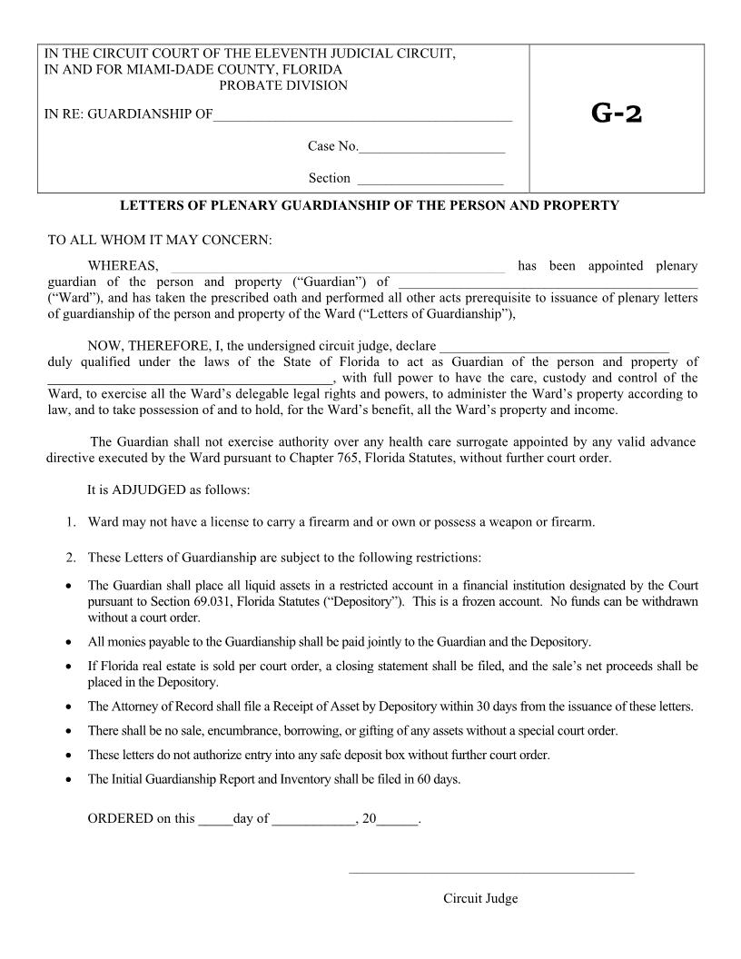 Letters Of Plenary Guardianship Of The Person And Property {G-2} | Pdf Fpdf Docx | Florida