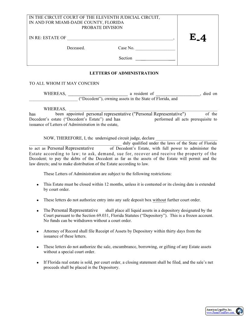 Letters of Administration {E4} | Pdf Fpdf Docx | Florida
