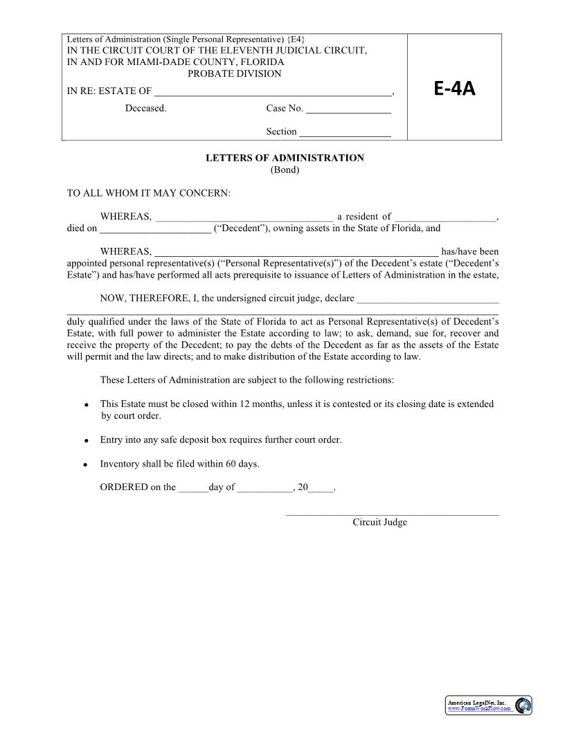 Letters of Administration (Bond) {E4A} | Pdf Fpdf Docx | Florida
