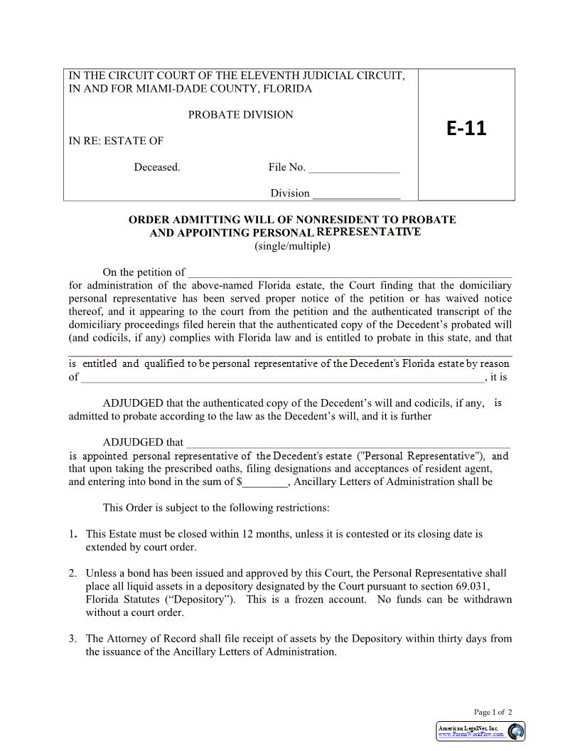 Order Admitting Will Of Nonresident To Probate Appointing Personal Representative {E11} | Pdf Fpdf Docx | Florida