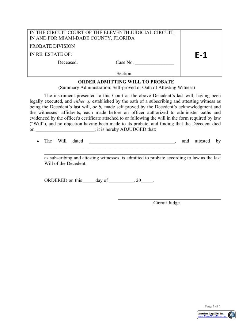 Order Admitting Will To Probate (Summary Admin-Self-Proved Or Witness Oath) {E1} | Pdf Fpdf Docx | Florida