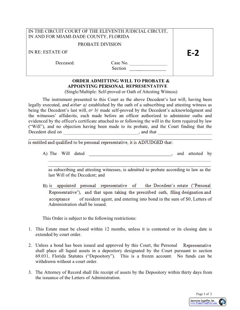 Order Admitting Will To Probate Appointing Personal Representative (Self-Proved) {E2} | Pdf Fpdf Docx | Florida
