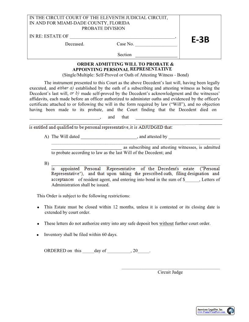 Order Admitting Will To Probate Appointing Personal Representative(s) (Bond) {E3B} | Pdf Fpdf Docx | Florida