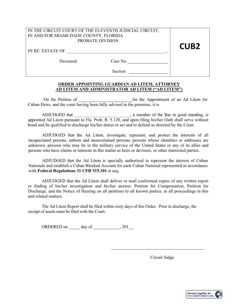 Order Appointing Ad Litem Guardian Attorney Administrator (Cuban Blocked Account) {CUB2} | Pdf Fpdf Docx | Florida