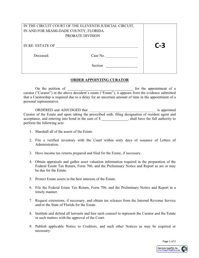 Order Appointing Curator {C3} | Pdf Fpdf Docx | Florida