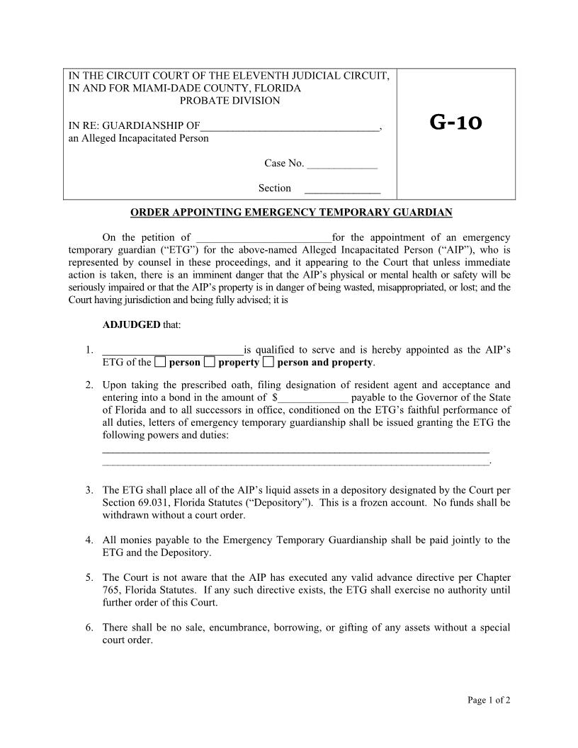 Order Appointing Emergency Temporary Guardian {G-10} | Pdf Fpdf Docx | Florida