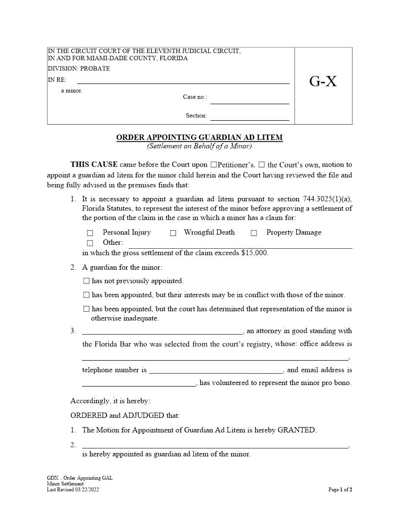 Order Appointing Guardian Ad Litem (Settlement On Behalf Of Minor) {G-X} | Pdf Fpdf Docx | Florida