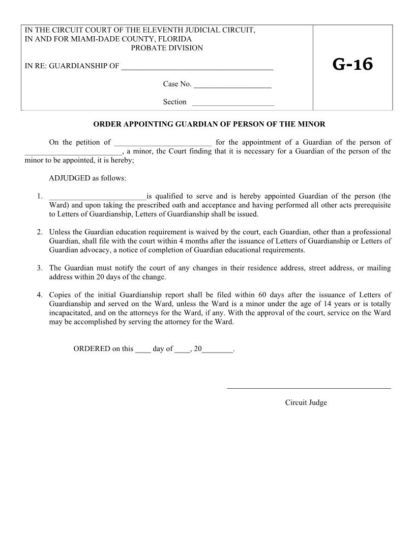 Order Appointing Guardian Of Person Of The Minor {G-16} | Pdf Fpdf Docx | Florida