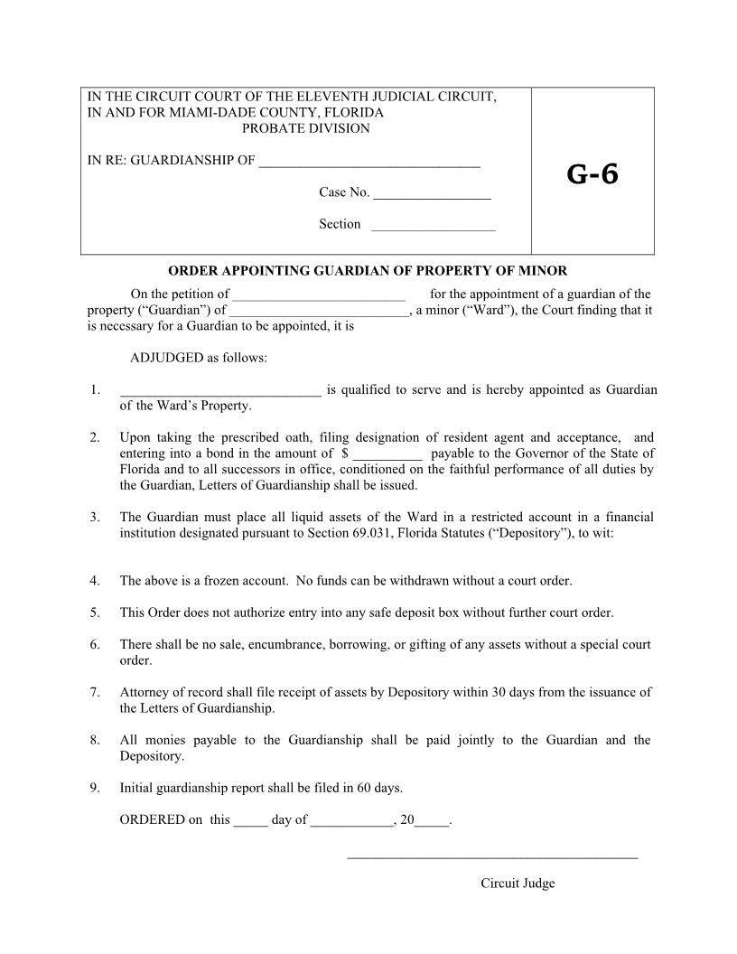 Order Appointing Guardian Of Property Of Minor {G-6} | Pdf Fpdf Docx | Florida