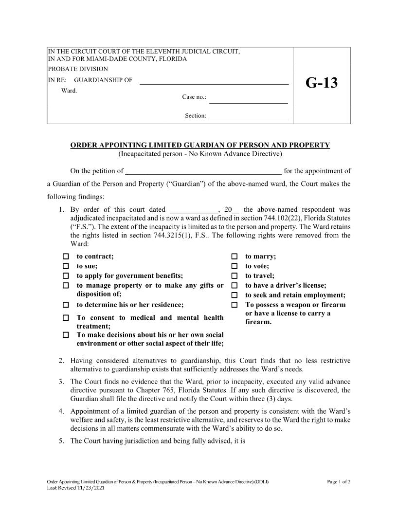 Order Appointing Limited Guardianship Person And Property (Incapacitated No Directive) {G-13} | Pdf Fpdf Docx | Florida