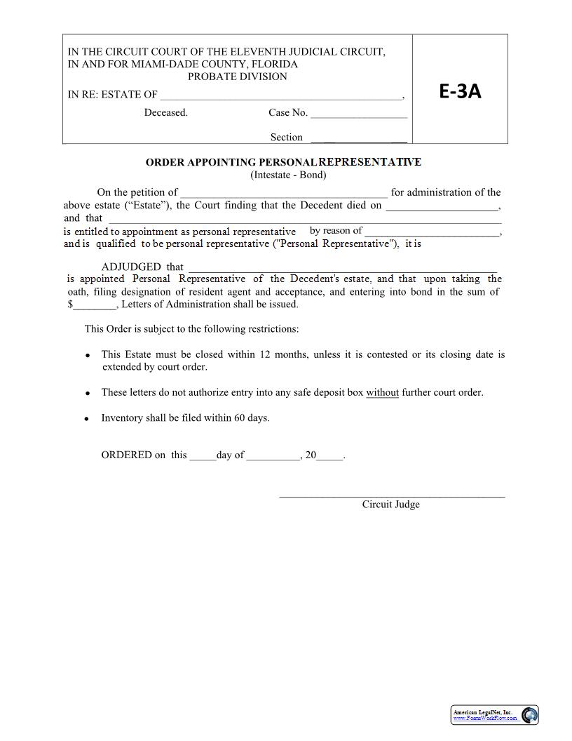 Order Appointing Personal Representative (Intestate Bond) {E3A} | Pdf Fpdf Docx | Florida