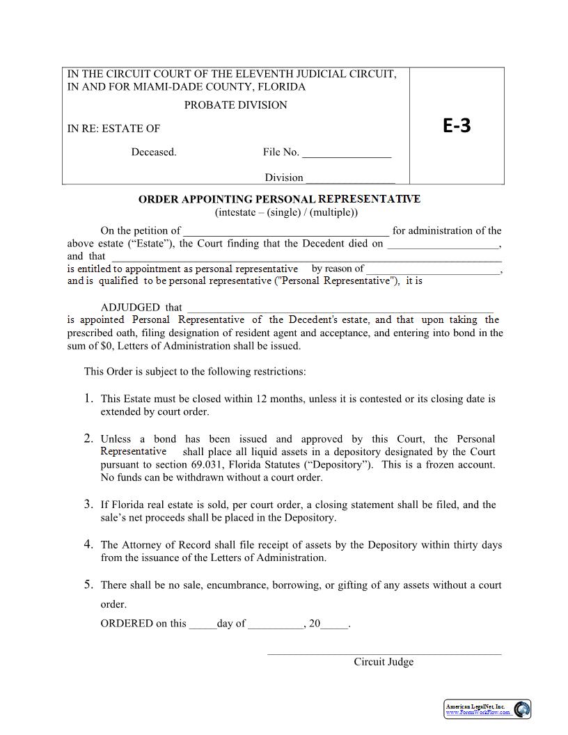 Order Appointing Personal Representative (Intestate) {E3} | Pdf Fpdf Docx | Florida