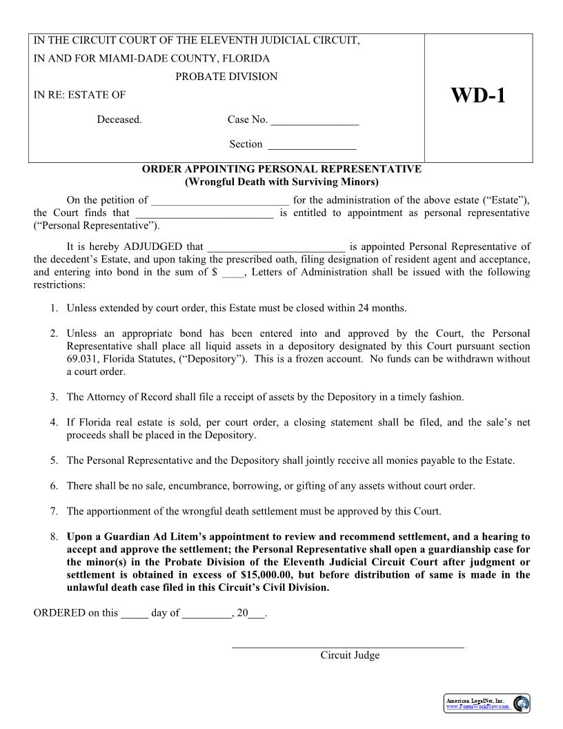 Order Appointing Personal Representative (Wrongful Death With Surviving Minors) {WD1} | Pdf Fpdf Docx | Florida