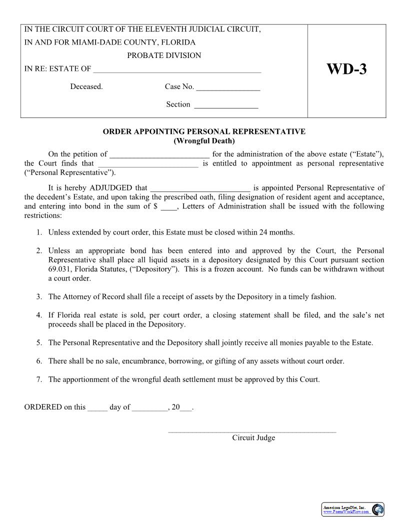 Order Appointing Personal Representative (Wrongful Death) {WD3} | Pdf Fpdf Docx | Florida