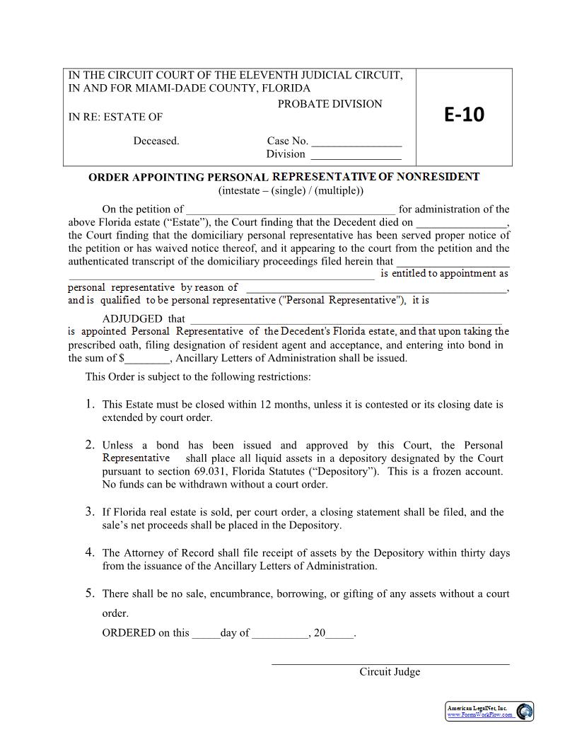 Order Appointing Personal Representative Of Nonresident {E10} | Pdf Fpdf Docx | Florida