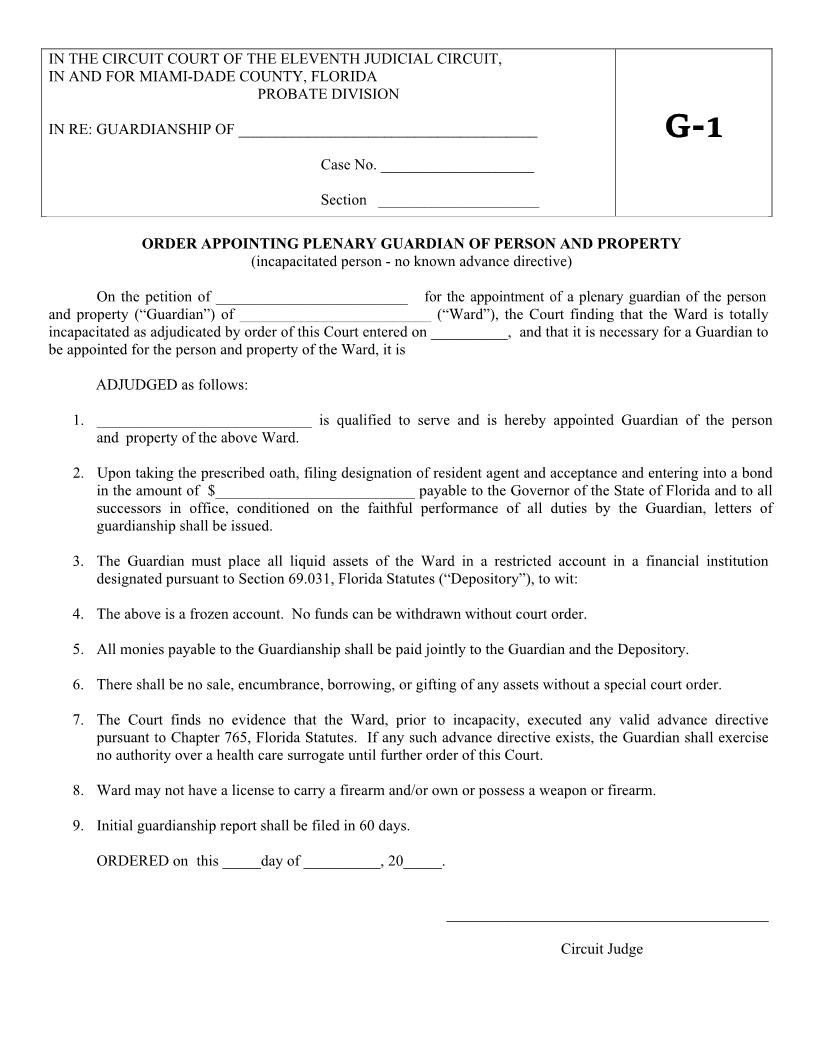 Order Appointing Plenary Guardian Person And Property (Incapacitated No Directive {G-1} | Pdf Fpdf Docx | Florida
