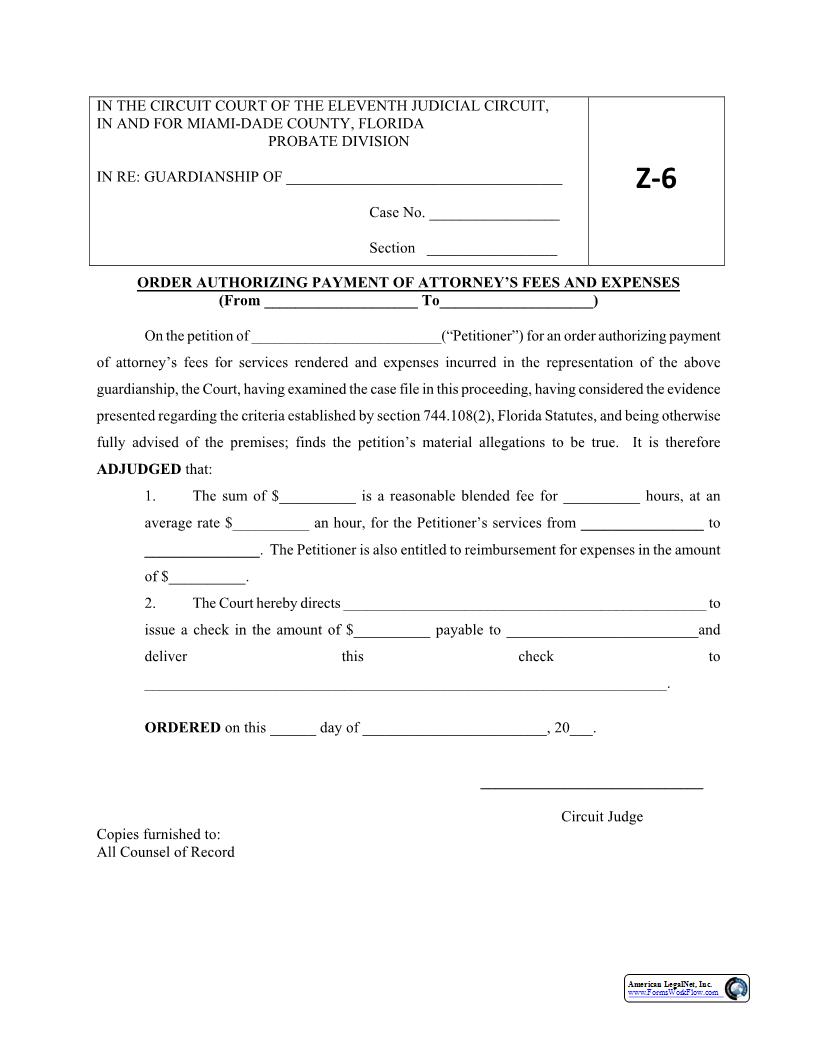 Order Authorizing Payment Of Attorneys Fees And Expenses {Z6} | Pdf Fpdf Docx | Florida
