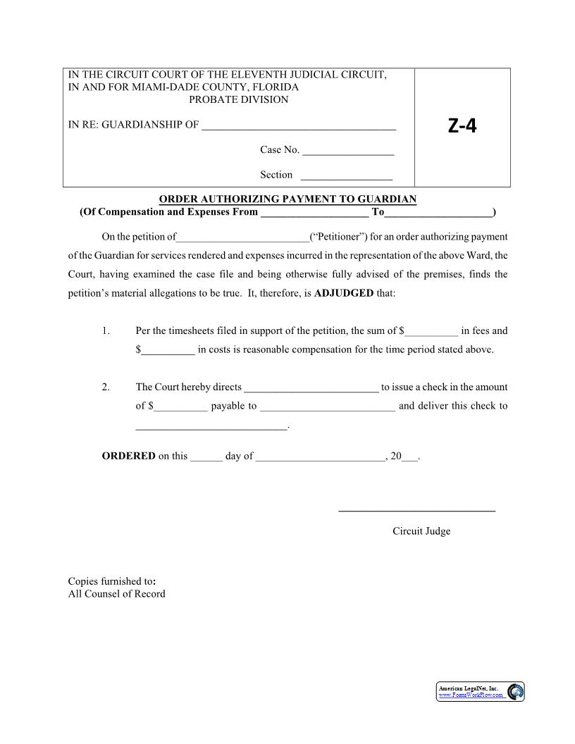 Order Authorizing Payment To Guardian {Z4} | Pdf Fpdf Docx | Florida