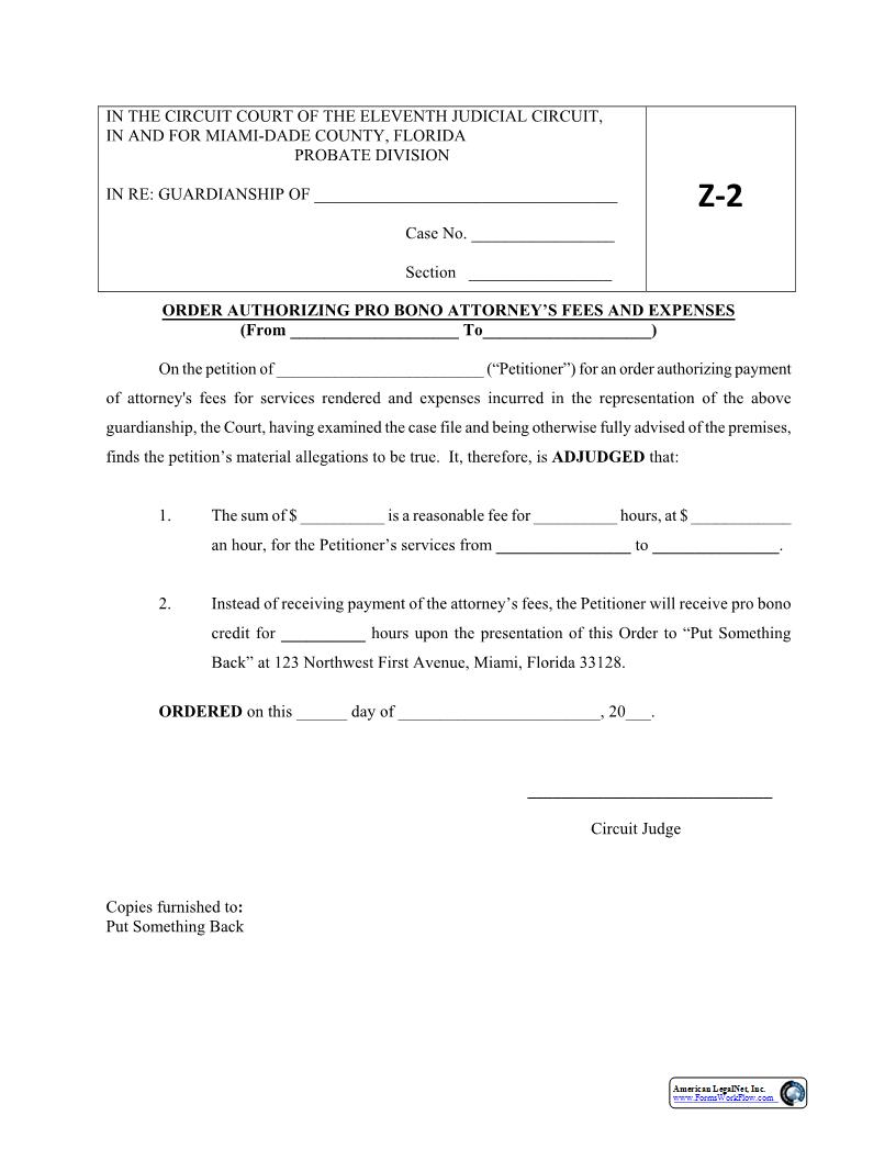 Order Authorizing Pro Bono Attorneys Fees And Expenses {Z7} | Pdf Fpdf Docx | Florida