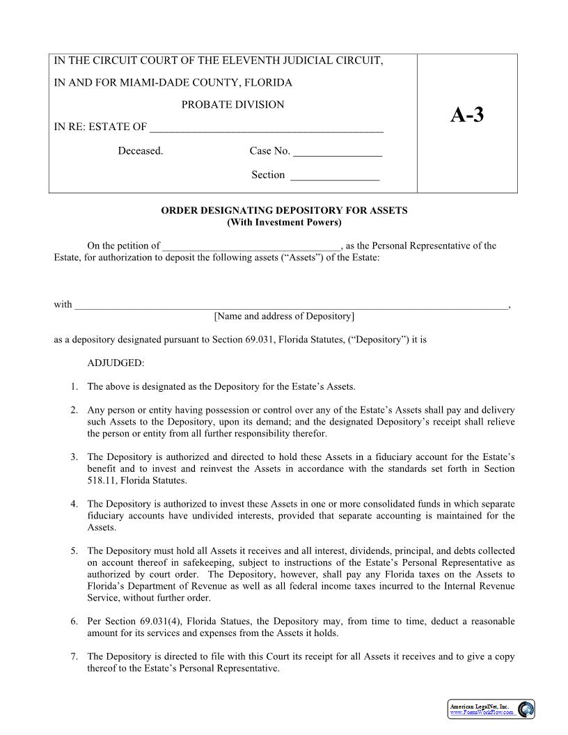 Order Designating Depository For Assets (With Investment Powers) {A-3} | Pdf Fpdf Docx | Florida