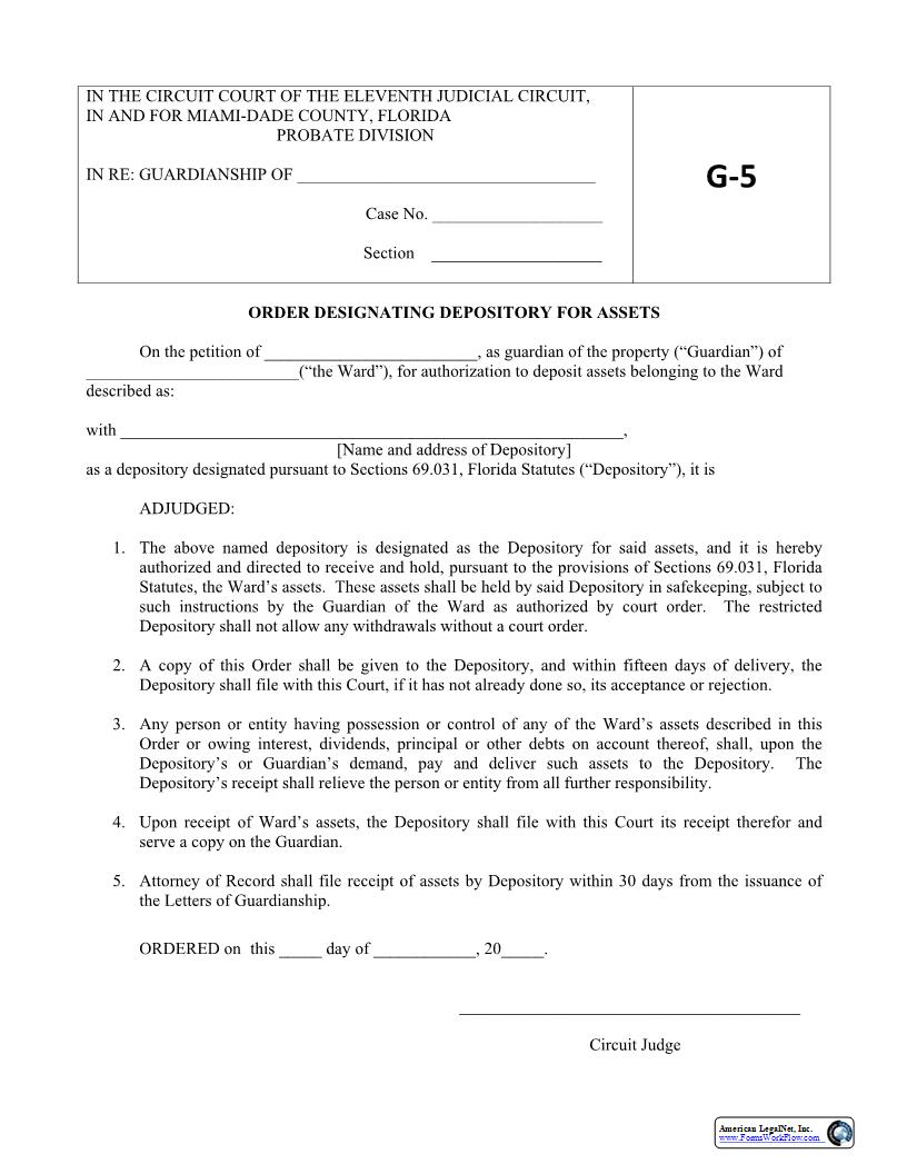Order Designating Depository for Assets {G-5} | Pdf Fpdf Docx | Florida