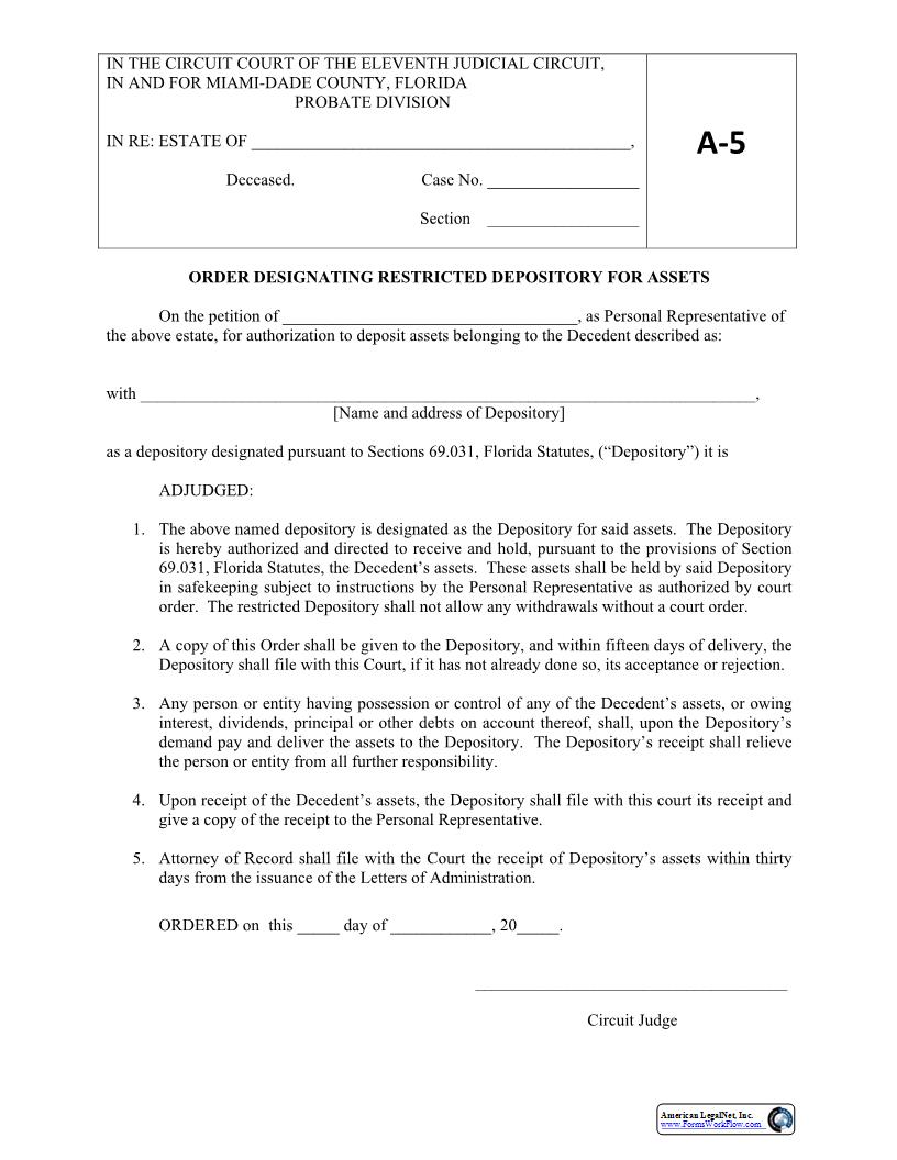 Order Designating Restricted Depository For Assets {A-5} | Pdf Fpdf Docx | Florida