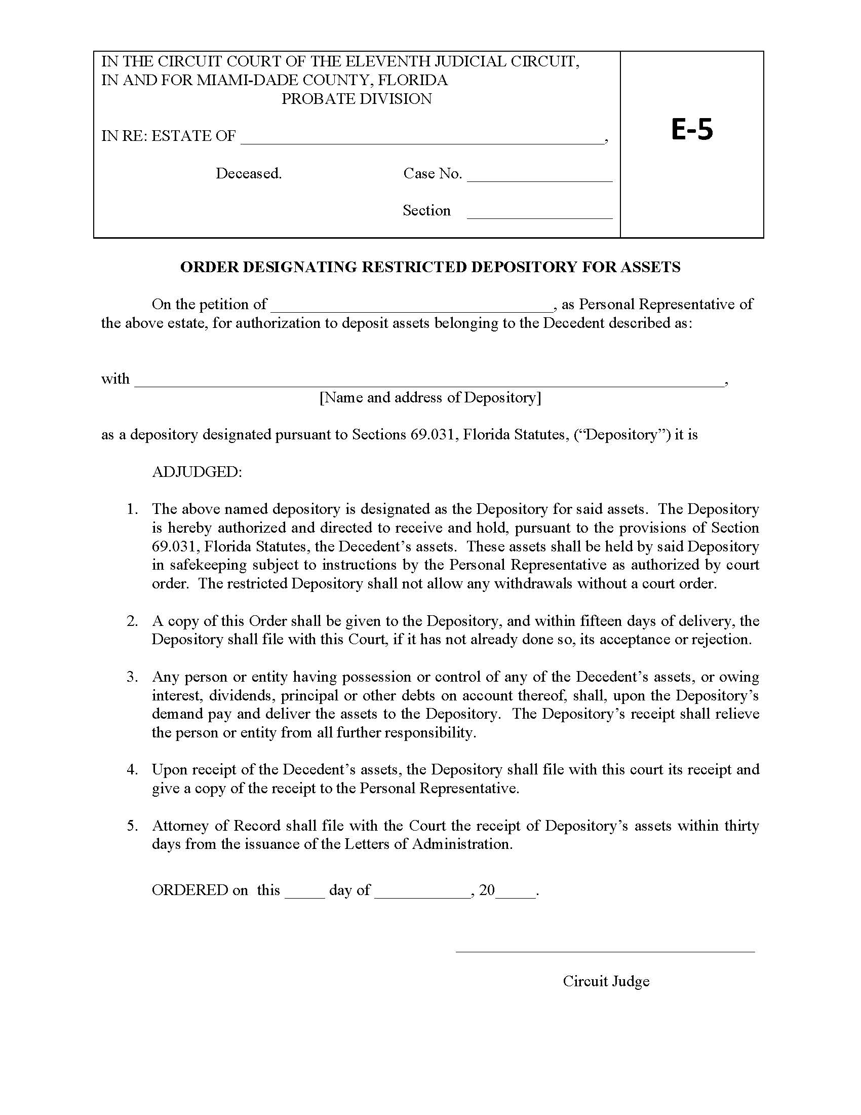 Order Designating Restricted Depository For Assets {E5} | Pdf Fpdf Docx | Florida