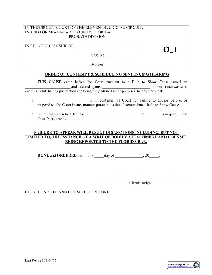 Order Of Contempt And Scheduling Sentencing Hearing {O-1} | Pdf Fpdf Docx | Florida