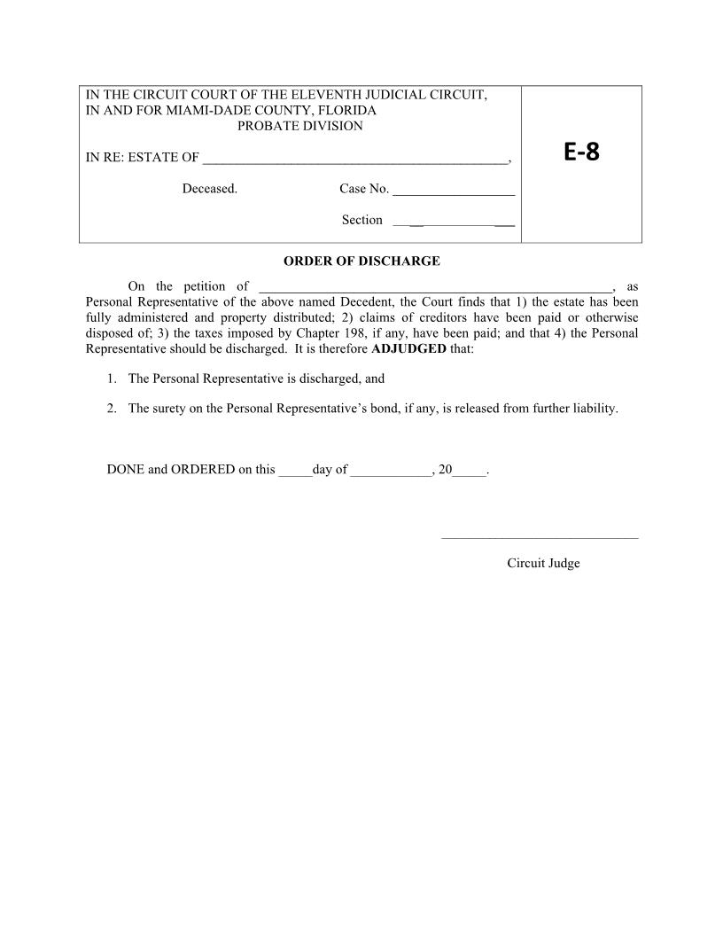 Order Of Discharge (Personal Representative) {E-8} | Pdf Fpdf Docx | Florida