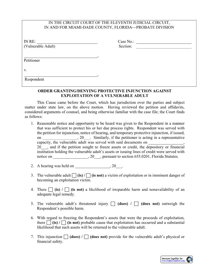 Order On Protective Injunction Against Exploitation Of Vulnerable Adult | Pdf Fpdf Docx | Florida