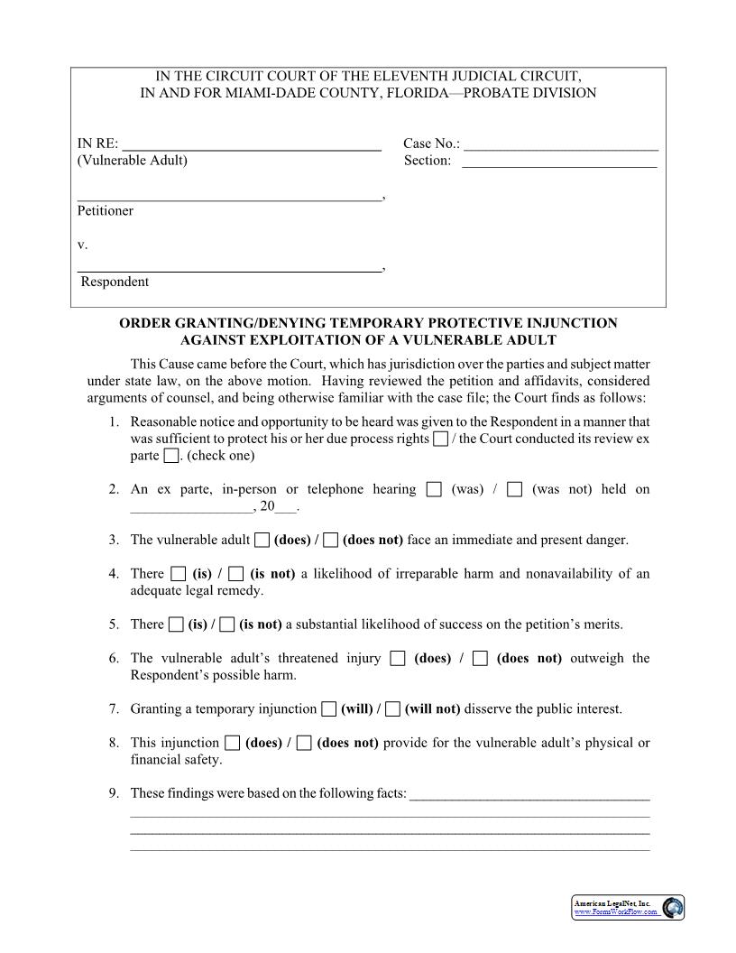 Order On Temporary Protective Injunction Against Exploitation Of Vulnerable Adult | Pdf Fpdf Docx | Florida