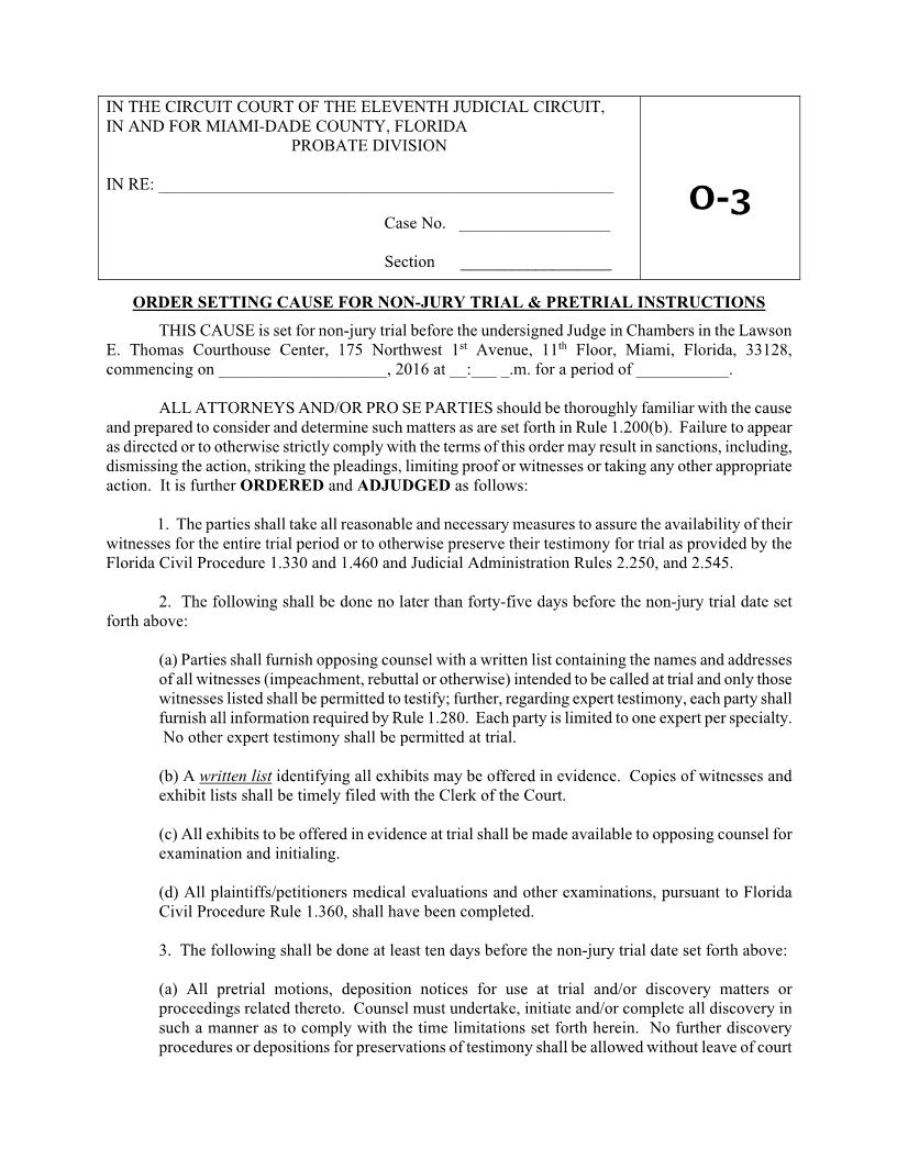 Order Setting Cause For Non-Jury Trial And Pretrial Instructions {O-3} | Pdf Fpdf Docx | Florida