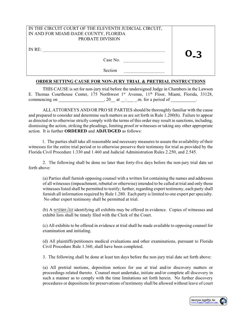 Order Setting Non-Jury Trial And Pretrial Instructions {O-3} | Pdf Fpdf Docx | Florida