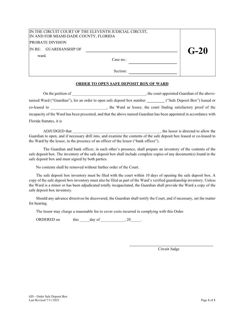 Order To Open Safe Deposit Box Of Ward {G20} | Pdf Fpdf Docx | Florida