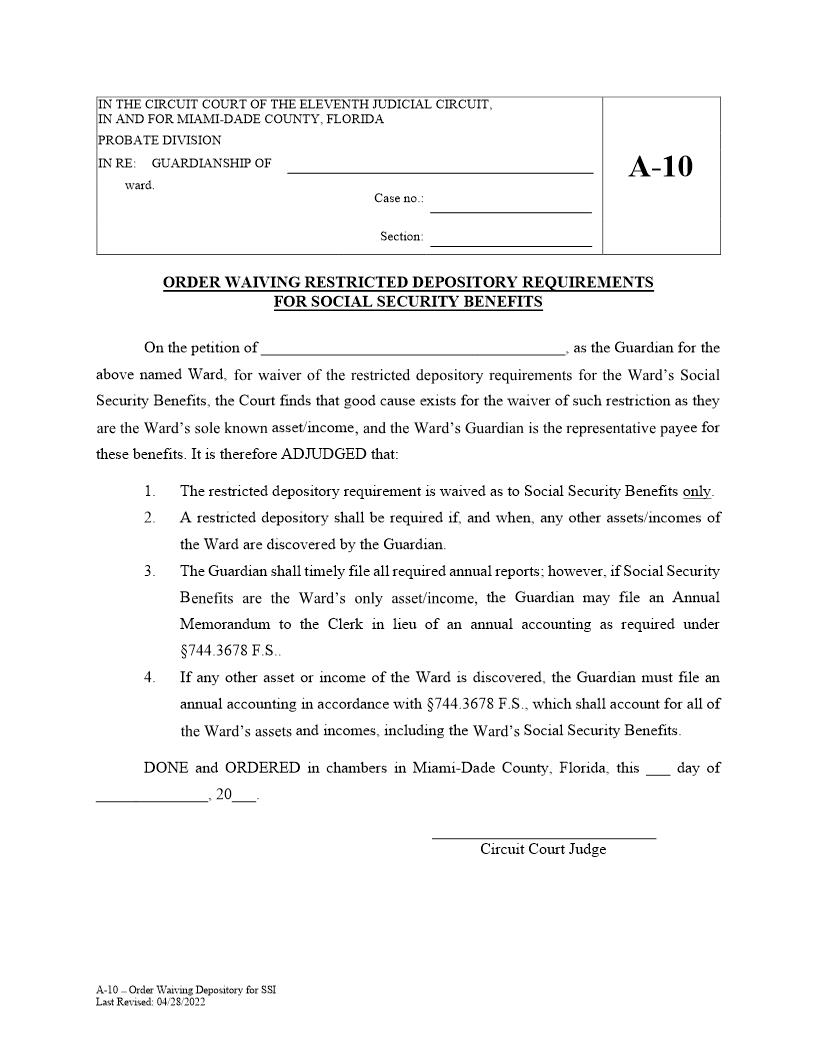 Order Waiving Depository Requirements For Social Security Benefits {A-10} | Pdf Fpdf Docx | Florida