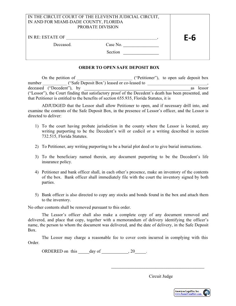 Order to Open Safe Deposit Box {E6} | Pdf Fpdf Docx | Florida